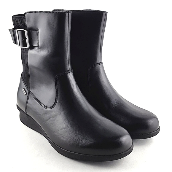 Aravon Women's Black Waterproof Leather Short Wedge Boots Buckle Strap Size 11 - Picture 3 of 16